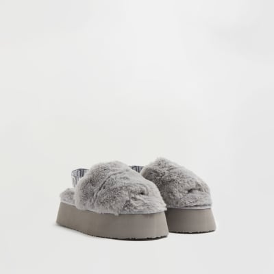 Grey RI faux fur flatform slippers
