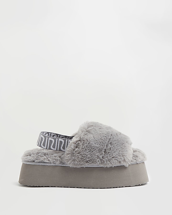 Grey RI faux fur flatform slippers