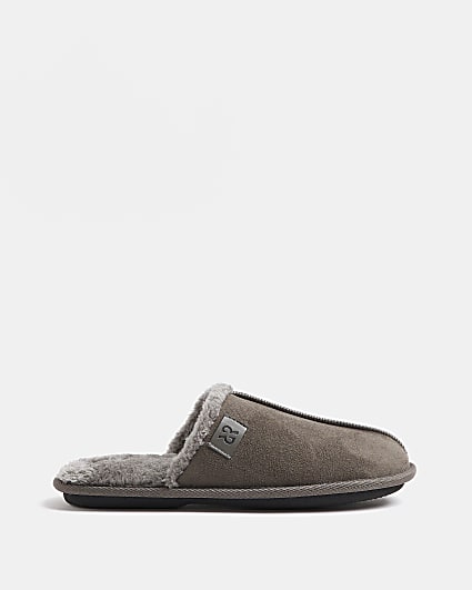 Grey RI faux fur lined mule slippers