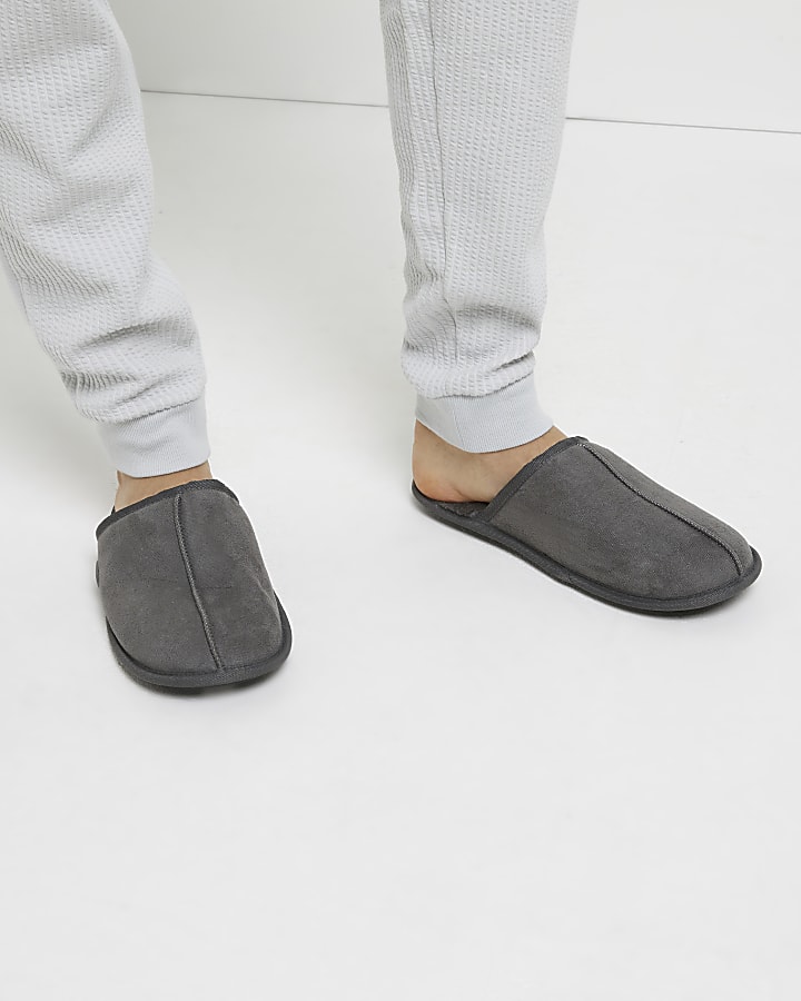 Grey RI faux fur lined mule slippers