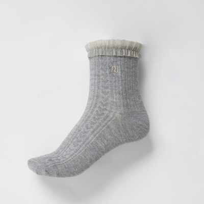 Grey RI mesh frill cable knit sock | River Island