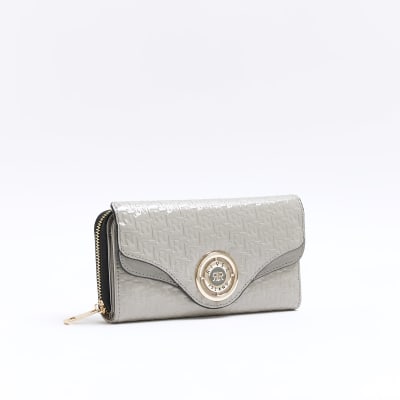 River Island embossed monogram zip purse in khaki