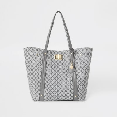 Grey RI monogram lock shopper tote bag | River Island