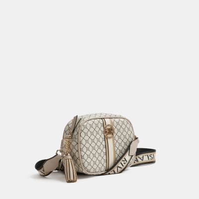 Grey RI monogram print cross body bag River Island