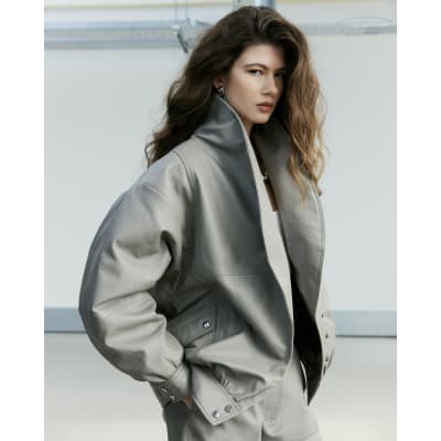 Grey RI Studio Leather Bomber Jacket