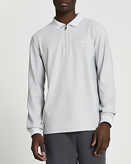 Grey RI zip slim fit long sleeve polo shirt