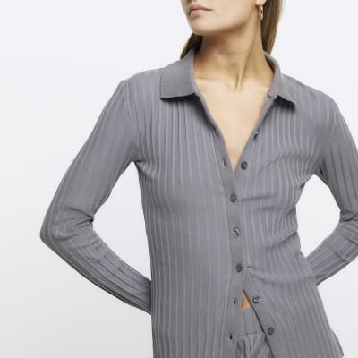 Grey ribbed button up polo top