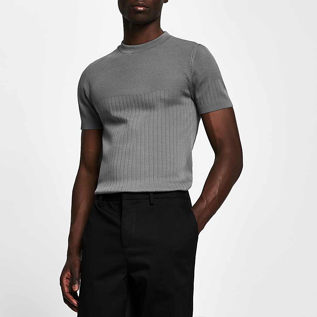 Grey ribbed knitted muscle fit t-shirt | River Island
