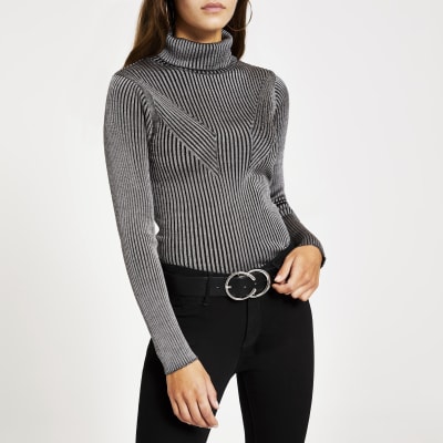 grey ribbed polo neck jumper