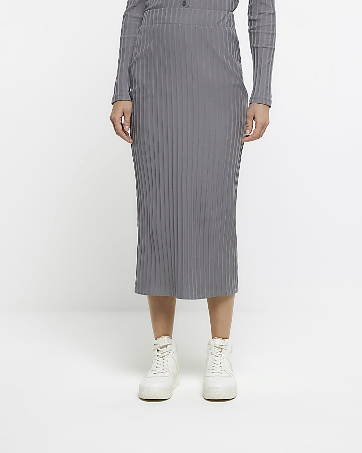 Grey ribbed midi skirt
