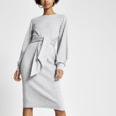Grey ribbed tie front jersey dress 