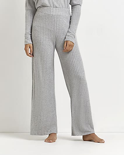 Grey ribbed wide leg trousers