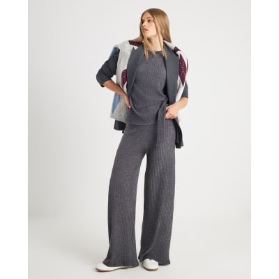 Grey Ribbed Wide Leg Trousers