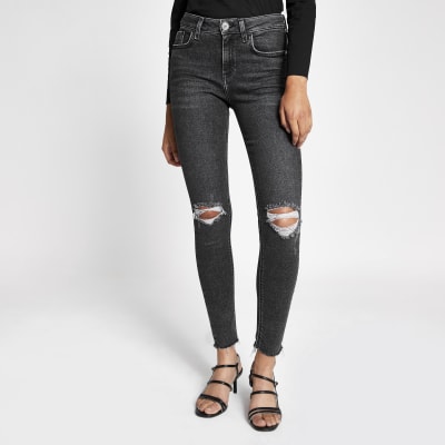 Grey ripped Amelie super skinny jeans | River Island