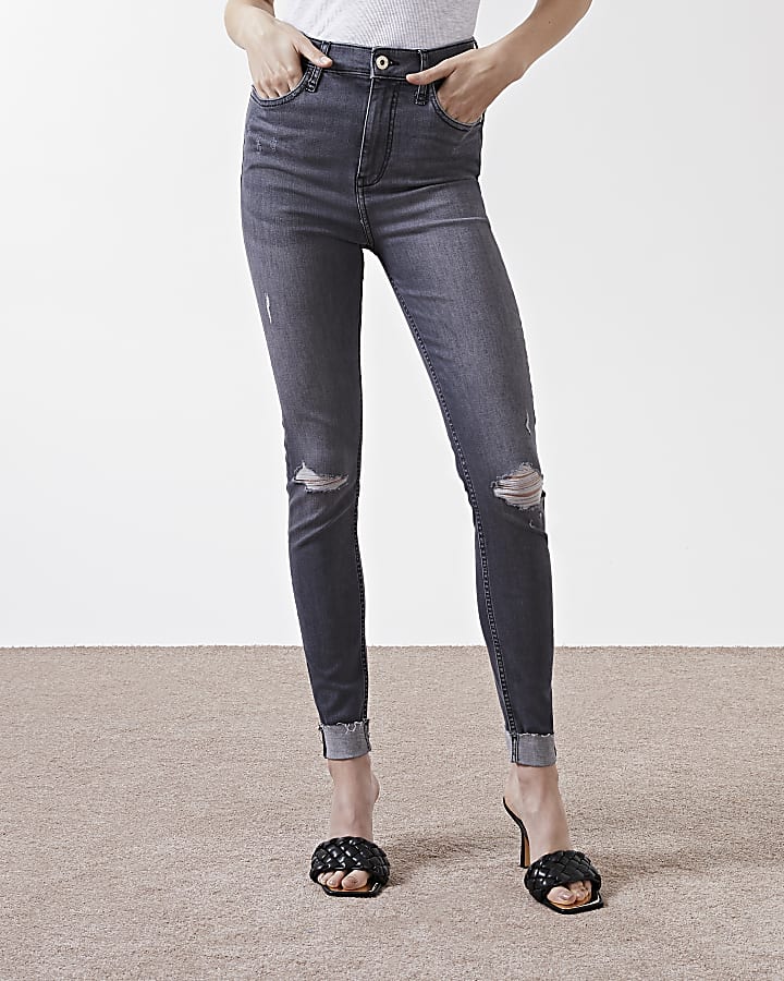 Grey ripped high waisted skinny jeans