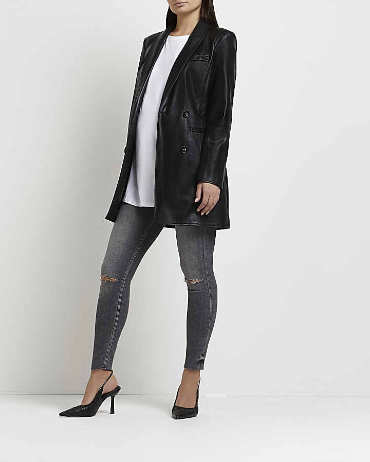 Grey ripped mid rise maternity skinny jeans