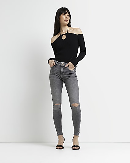 Grey ripped mid rise skinny jeans