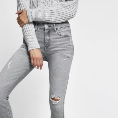 Grey ripped mid rise skinny jeans | River Island