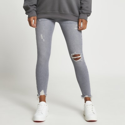 Grey ripped skinny maternity jeans | River Island