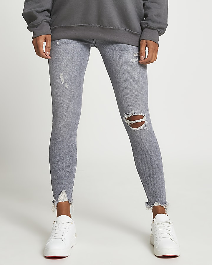 Grey ripped skinny maternity jeans