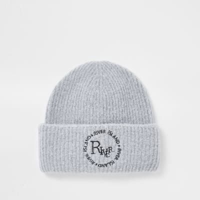 Grey 'River' embroidered soft beanie hat