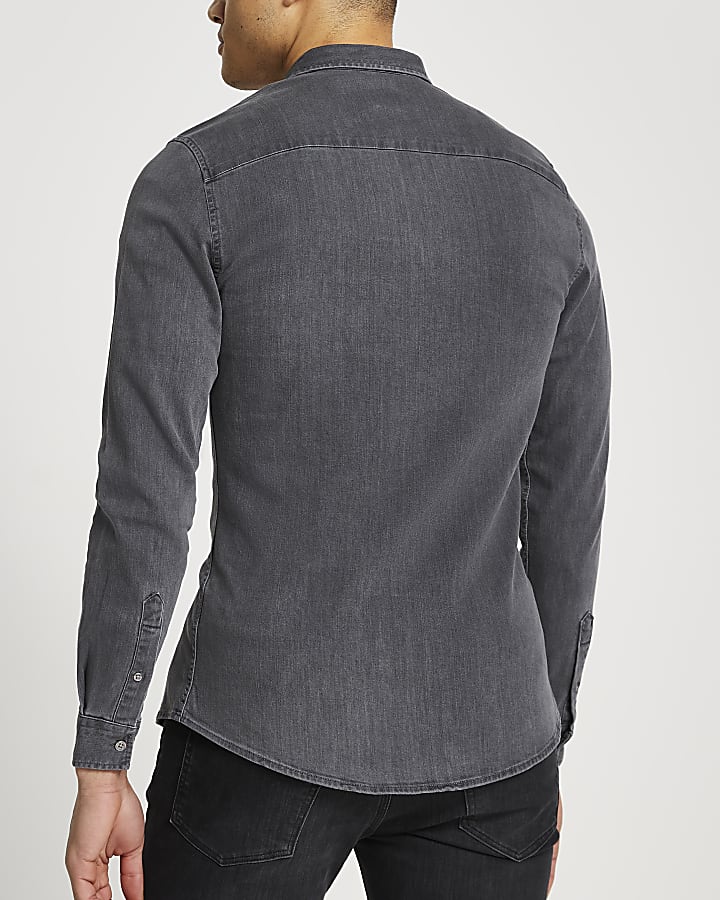 Grey RR muscle fit long sleeve denim shirt