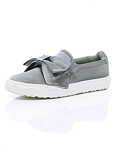 360 degree animation of product Grey satin bow front slip on plimsolls frame-0