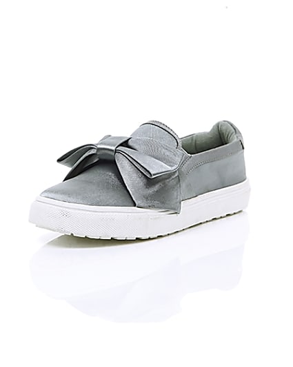 360 degree animation of product Grey satin bow front slip on plimsolls frame-1