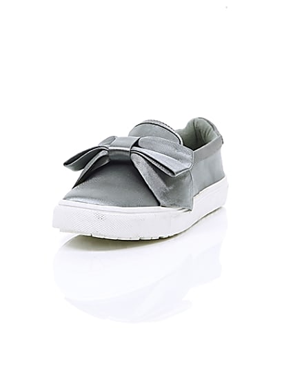 360 degree animation of product Grey satin bow front slip on plimsolls frame-2