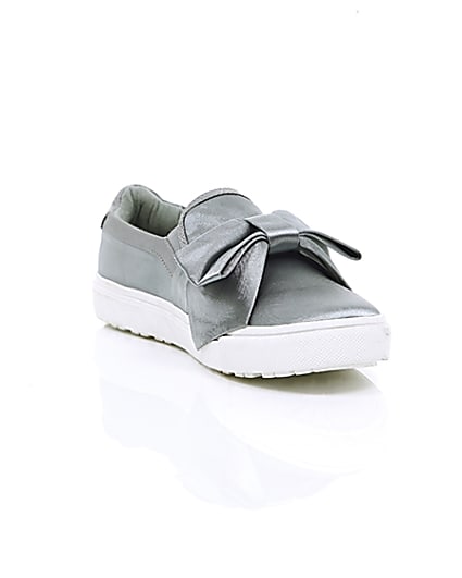 360 degree animation of product Grey satin bow front slip on plimsolls frame-6