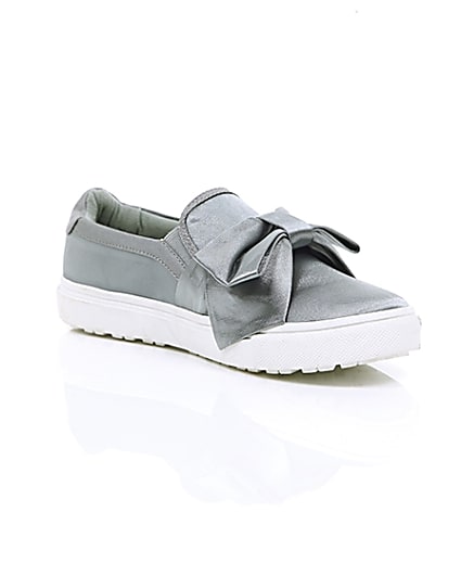 360 degree animation of product Grey satin bow front slip on plimsolls frame-7