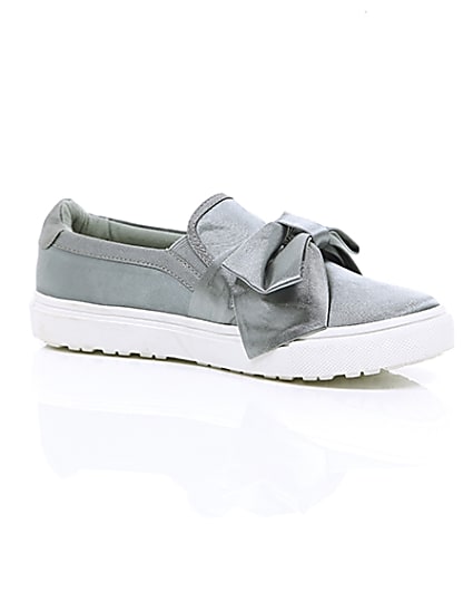 360 degree animation of product Grey satin bow front slip on plimsolls frame-8