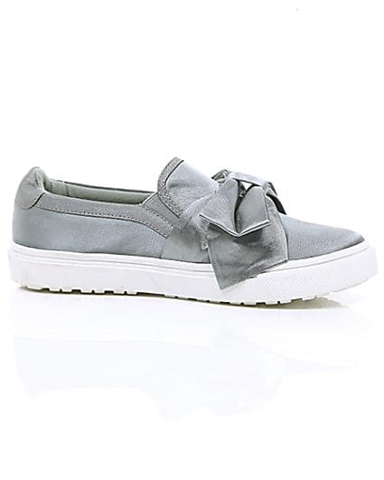 360 degree animation of product Grey satin bow front slip on plimsolls frame-9