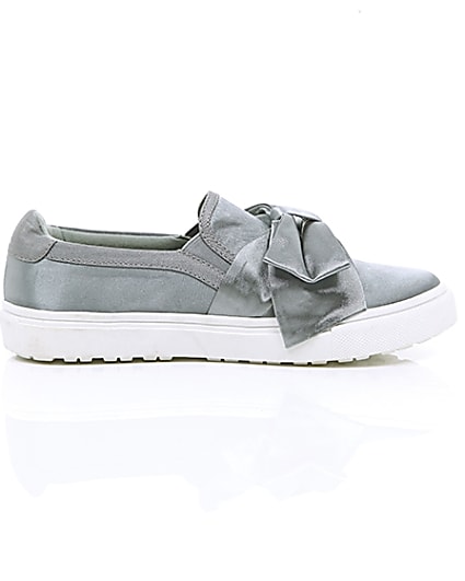 360 degree animation of product Grey satin bow front slip on plimsolls frame-10