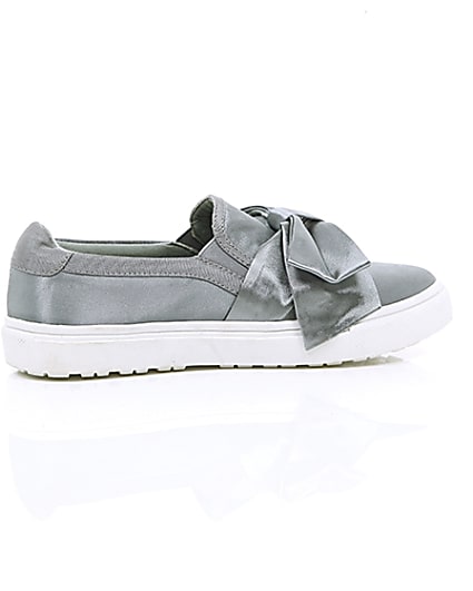 360 degree animation of product Grey satin bow front slip on plimsolls frame-11
