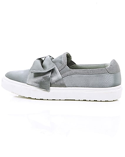360 degree animation of product Grey satin bow front slip on plimsolls frame-21