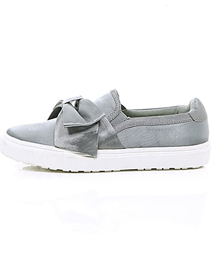 360 degree animation of product Grey satin bow front slip on plimsolls frame-22