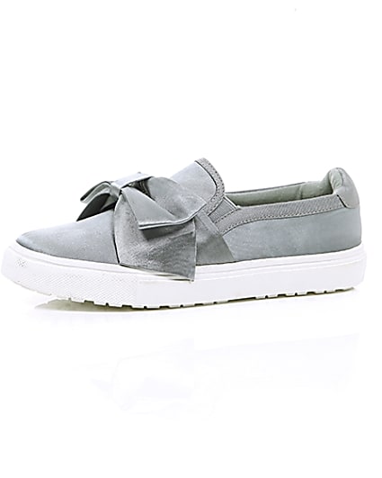 360 degree animation of product Grey satin bow front slip on plimsolls frame-23
