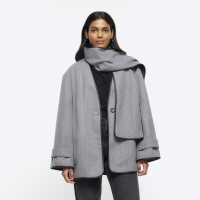 Grey scarf detail coat