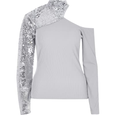 river island grey sequin top