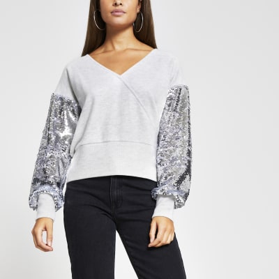Grey sequin sleeve brushed ribbed top 