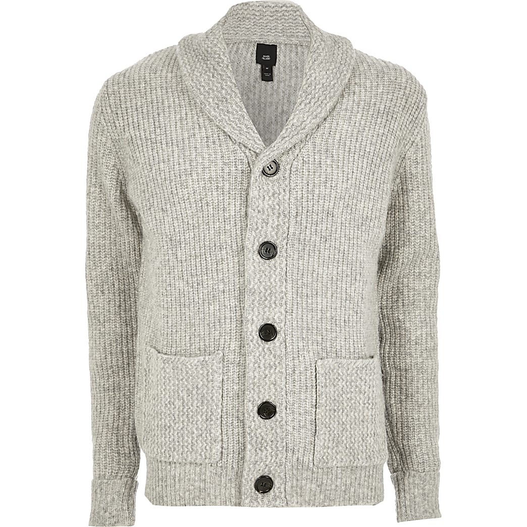 Grey shawl collar slim fit knitted cardigan Grey shawl collar slim fit knitted cardigan