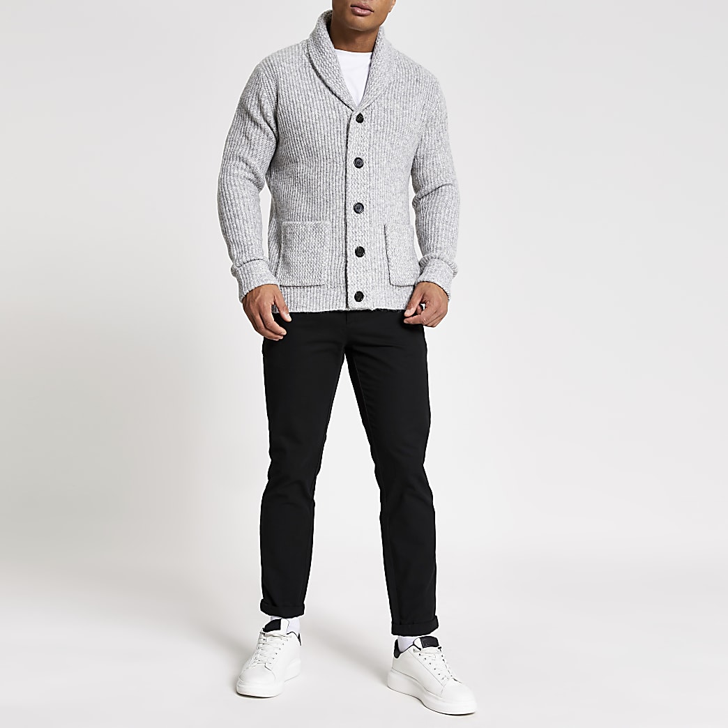 Grey shawl collar slim fit knitted cardigan Grey shawl collar slim fit knitted cardigan