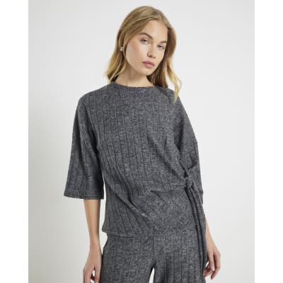 Grey Short Sleeve Cosy Wide Rib Knot Side Top