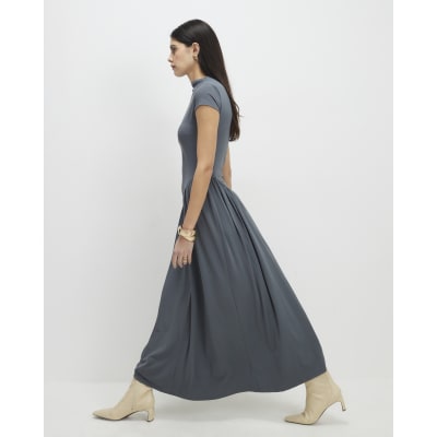 Grey Short Sleeve Fitted Waist Maxi Dress