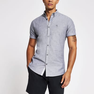 Grey short sleeve muscle fit oxford shirt | River Island