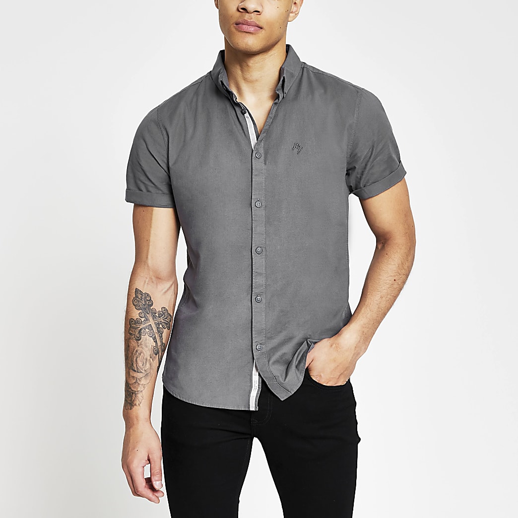 Grey short sleeve slim fit oxford shirt | River Island