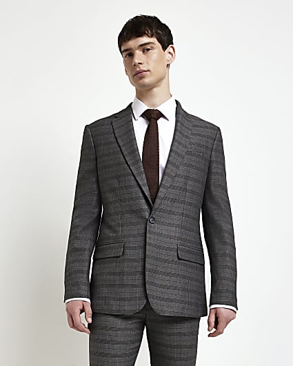 Grey skinny fit check print suit jacket
