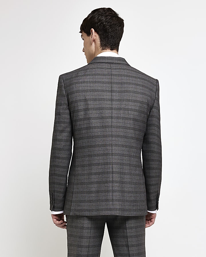 Grey skinny fit check suit jacket