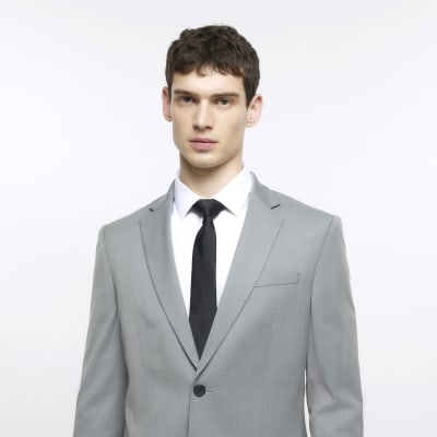 Grey skinny fit herringbone suit jacket | River Island